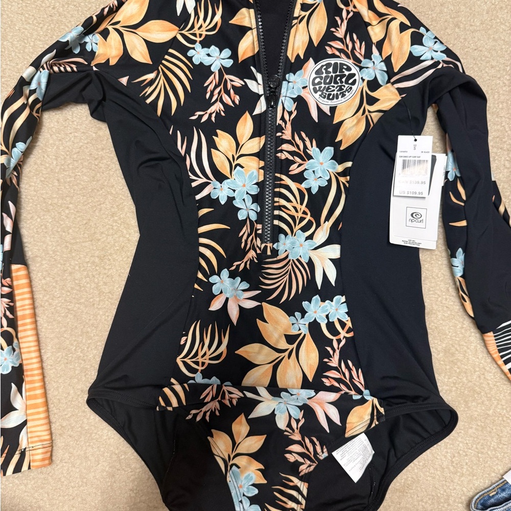 Rip Curl Black and Floral Long Sleeve Swimsuit NWT